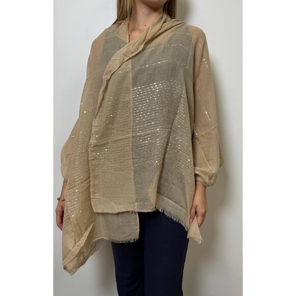 Chic and lightweight beige shawl featuring delicate horizontal stripes - Picture 1 of 2